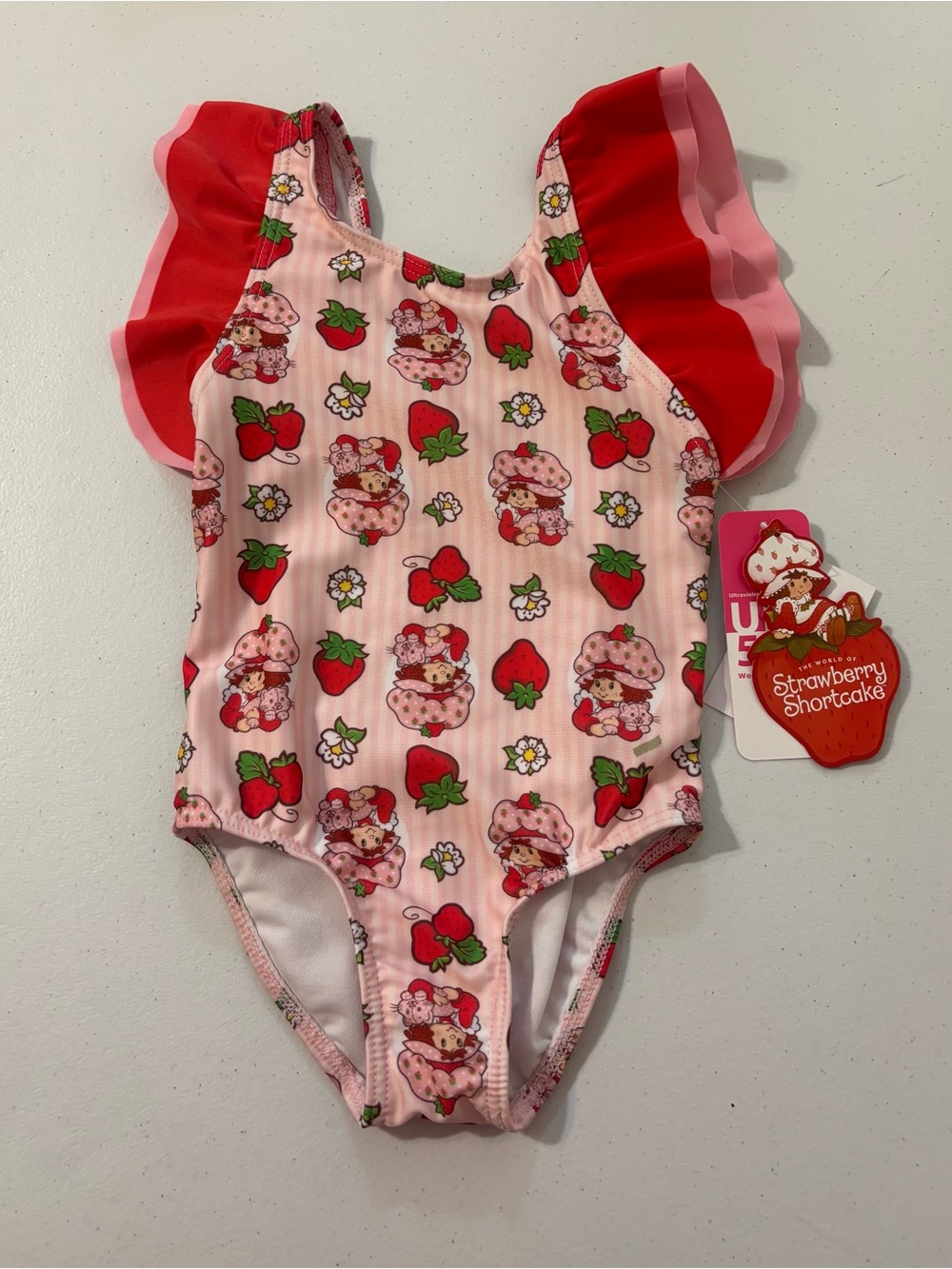 Strawberry Shortcake Pink & Red Ruffle-Sleeve One-Piece Swimsuit for Kids Size2t